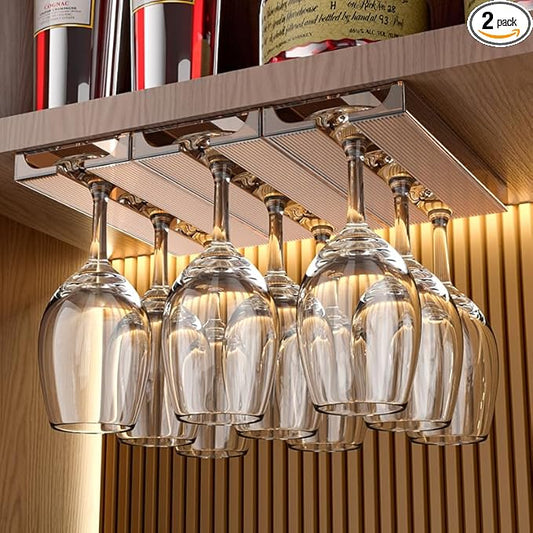 Wine Glass Holder Under Cabinet, Wine Glass Rack - 2 Pack, Wine Glass Storage Hanging Rack，Wine Glass Holder for Kitchen, Home & Bar (Brown)