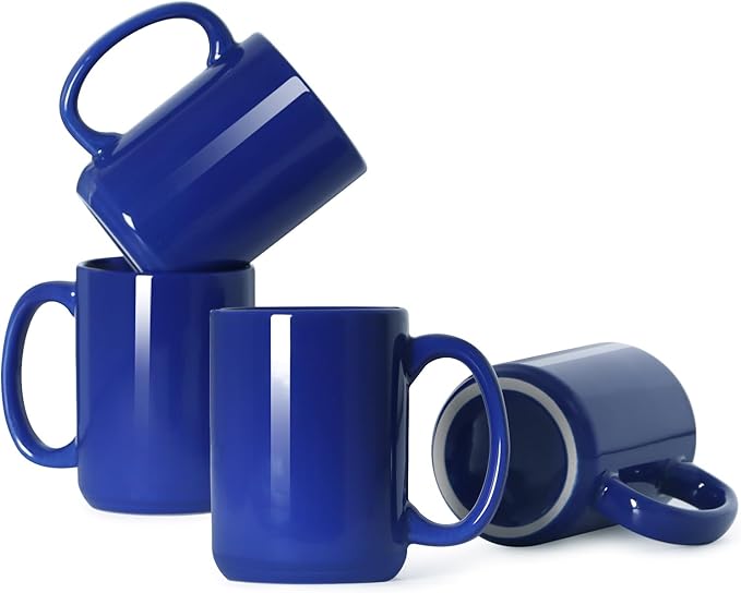 16 OZ Porcelain Coffee Mugs, Classic Blank Ceramic Cup with Large Handle for Tea Latte Cappuccino, Set of 4, Blue