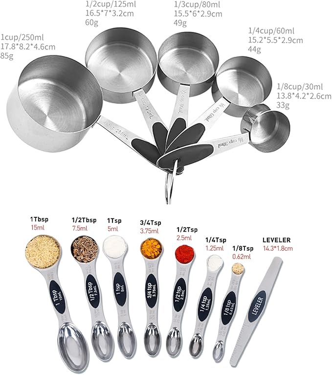 Measuring Cup and Magnetic Measuring Spoons Set, 5 Stainless Steel Nesting Measuring Cup & 7 Double Sided Stackable Magnetic Measuring Spoons & 1 Leveler, for Cooking Dry and Liquid Ingredient