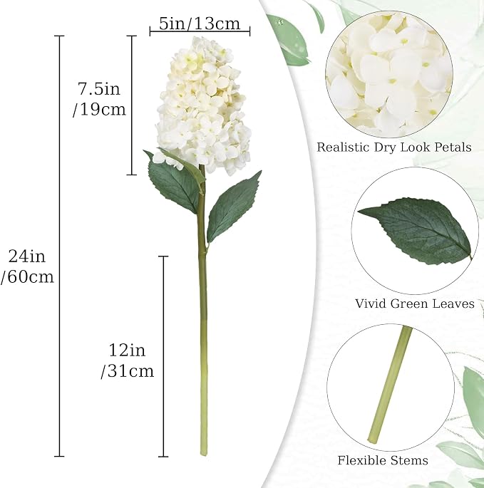 4PCS White Artificial Dried Hydrangea Flowers 24” Real Touch Faux Silk Dried Hydrangeas Artificial Fake Fall Flowers Bouquet for Vase Table Home Wedding Centerpiece Party Shower Outdoor Porch Decor