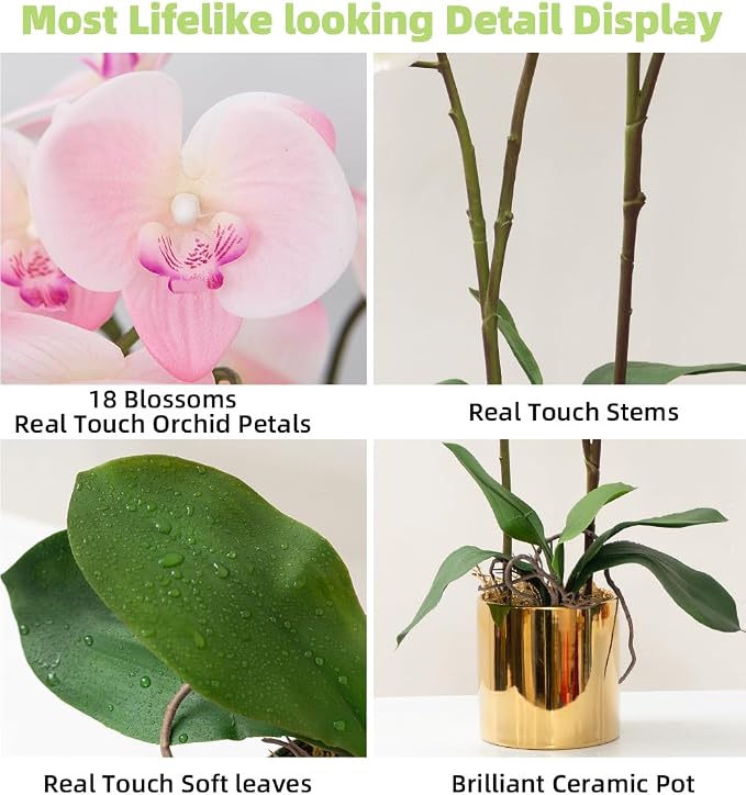 CXGS Artificial Orchid Flower Plant Real Touch Faux Orchids in Ceramic Vase Pink 19.7'' Fake Phalaenopsis Flower Arrangement Centerpiece Home Indoor Decor