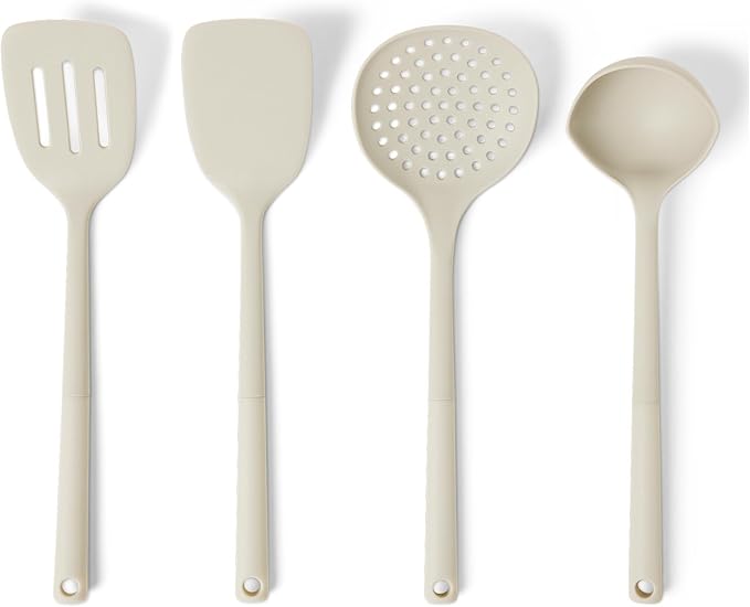 Amazon Basics Silicone Cooking Spoon and Ladle Set, 4-Piece Set, Soft Grip Handle, BPA-Free, Dishwasher-Safe, Linen Gray