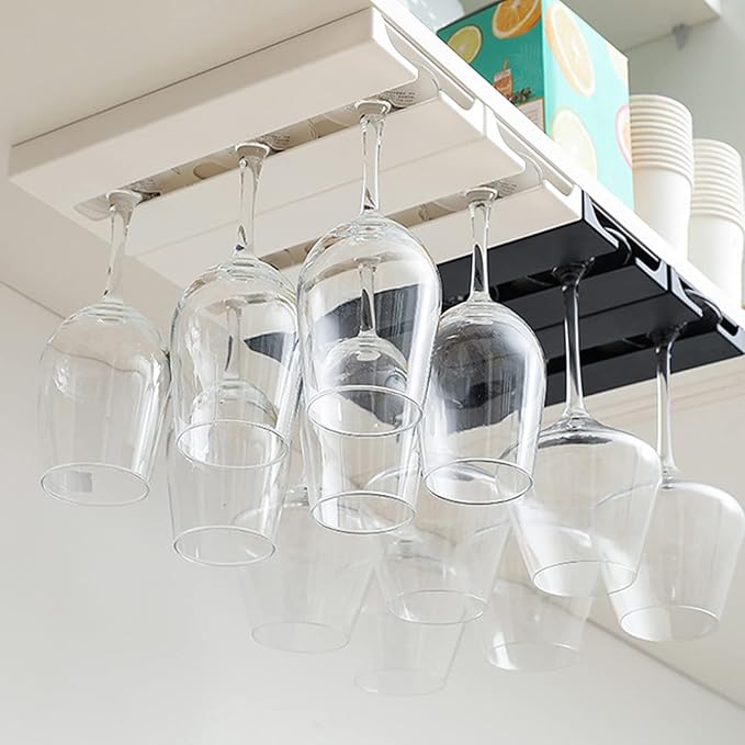 Plastic Wine Glass Rack, No Drilling Wine Glasses Holder Under Shelf & Cabinet, Hanging Stemware Rack Organizer Hanger Hanger Storage Shelf for Bar Cabinet Kitchen(4pcs black)