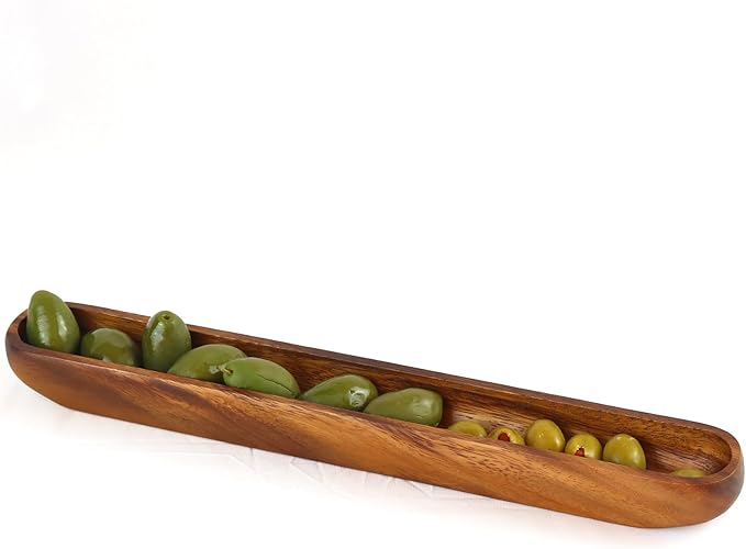 SiamMandalay Wooden Olive Tray Handmade Acacia Wood Olive Plate Long Canoe Boat Style Dish - Food Serving Platter Table Centrepiece