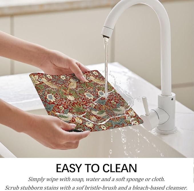 William Morris Placemats Set of 4 Floral Bird Strawberry Vintage Anthropologie Washable Heat Resistant Place Mats for Dining Table Nature Botanical Linen Woven Wipeable Kitchen Table Mat Red