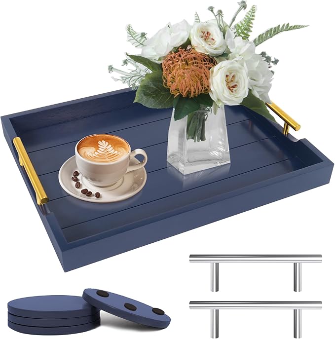 SXNOWS Coffee Table Tray - Large Ottoman Tray for Living Room - Wood Serving Tray with 2 Sets of Handles - Wooden Trays for Coffee Tables, 4 Round Coasters Included, Deep Blue