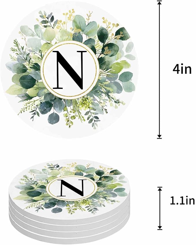 Coasters Set of 4 Letter N Drink Coasters with Holder Absorbent Stone Ceramic Cup Mat Alphabet Green Eucalyptus Leaves Coaster for Drinks Coffee Bar Office Kitchen Cafe Home Decor