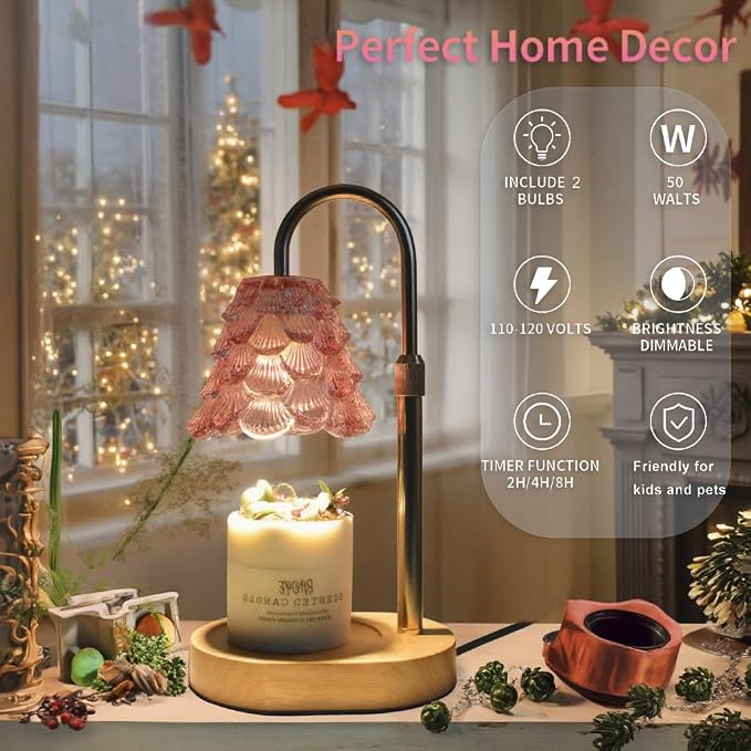 Chritsmas Tree Lampshape Candle Warmer Lamp with Adjustable Height, Aroma Candle Warmer with Timer and Dimmer, Wooden Base Glass Wax Warming Lamp, Women's Gifts(Tree Pink)