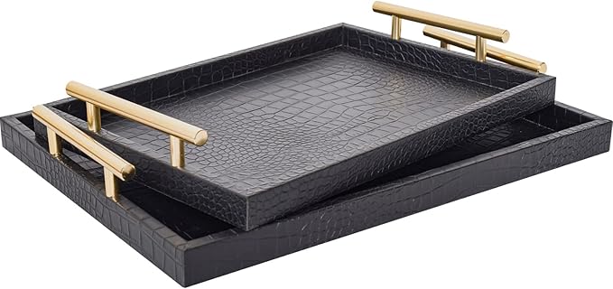 Modern Elegant Large Wood Serving Tray, Set of 2 Black Crocodile Leather with Gold Polished Metal Handles, Home Decorative Rectangle Ottoman Decor Platter Living Room Bathroom Vanity Tray