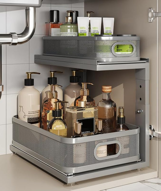 1 Pack Under Sink Organizer With Next-Gen Ball-Bearing Slides,2-Tier Precision Mesh Pull Out Cabinet Storage for Bathroom&Kitchen,Height Adjustable Drawers Shelf,Anti-rust-Grey