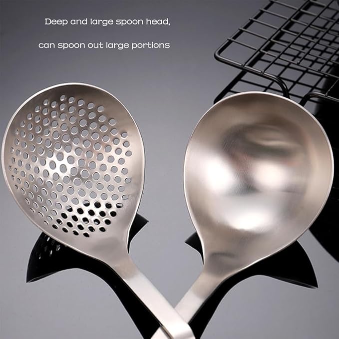 304 Stainless Steel Soup Ladle Hot Pot Ladle Strainer Scoops Set for Cooking, Serving, Soups, Sauces, Stews and More, Silver, 12-Inch (2 Pieces)
