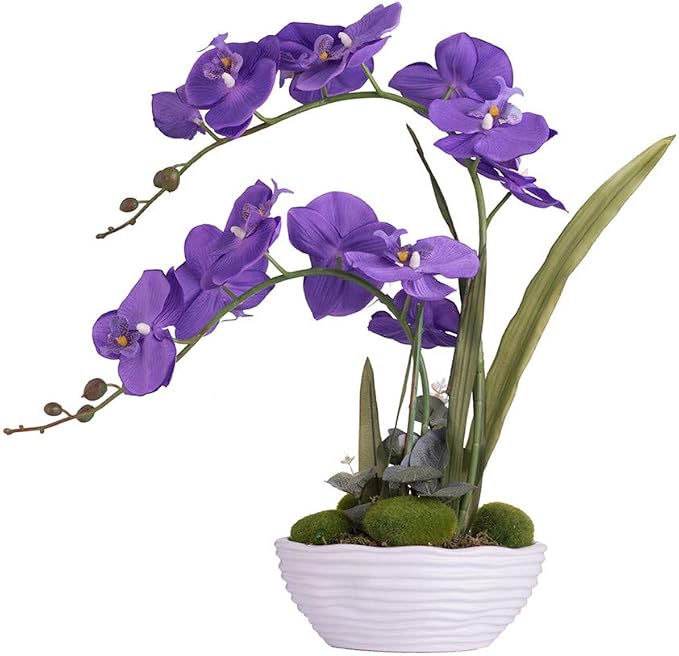 Large Artificial Potted Orchid Plant, Silk Flower Arrangement with Ceramics Vase, Purple
