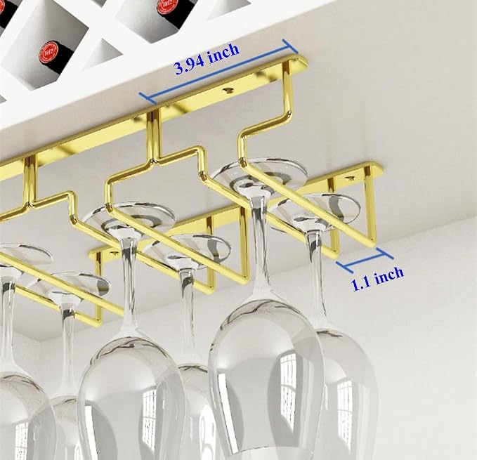 Wcxixo Gold Wine Glass Rack Under Cabinet Cup Storage Rack Wall Mounted Stemware Rack Wine Cup Hanging Shelf Display Stand for Red Wine Glass Champagne Glass Cocktail Glass