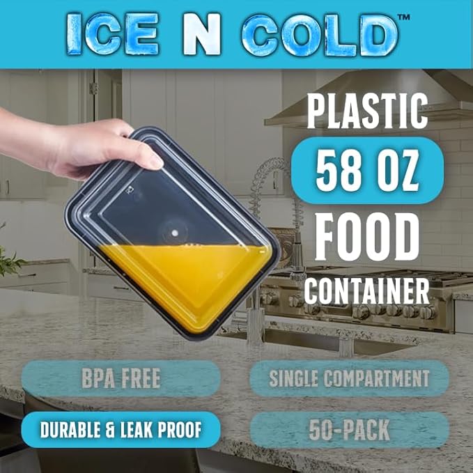 ICE N COLD Reusable To-Go Food Meal Prep Storage Containers with Leak Proof Snap Lids 58oz | 1715ml | 25-Pack