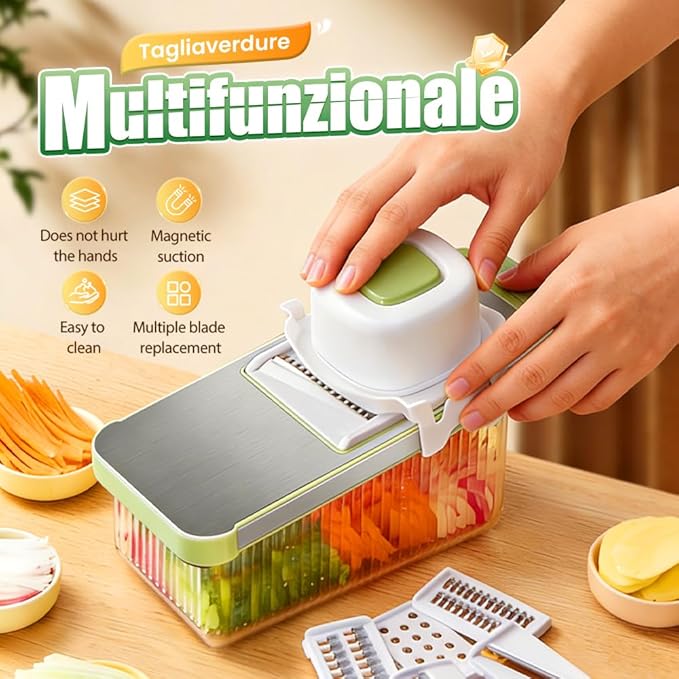Multifunctional Vegetable Slicer, 6 in 1 Slicer Veggie Shredder with Safe Hand Guard, Multi Blade Adjustable Garlic Slicer, Easy-Clean & Compact Storage, Portable Kitchen Gadget (3 Blade Magnetic)