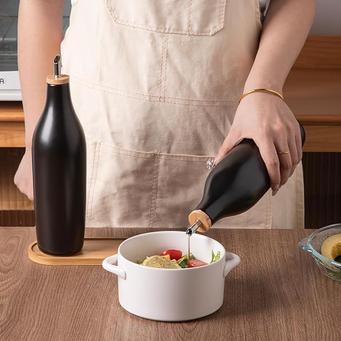 Sweejar Matte Ceramic Olive Oil Dispenser Bottles with Bamboo Tray, 17 Oz Oil Dispenser Set for Kitchen Counter, Opaque Oil Cruet for Cooking, EVOO, Vinegar, Avocado Oil, Pack of 2 (Black & Tray)