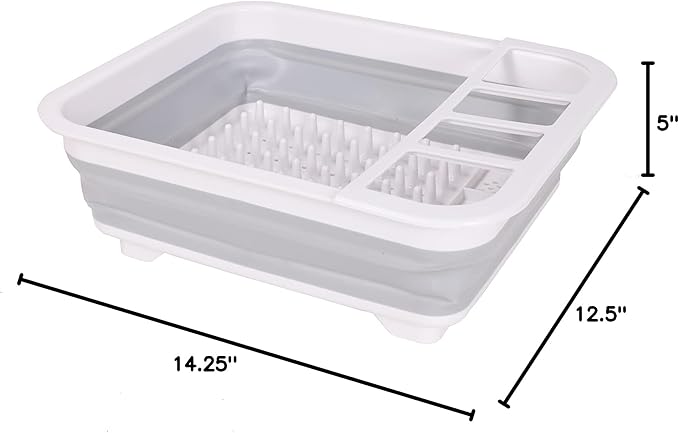J&V TEXTILES Collapsible Dish Drying Rack - Popup for Easy Storage, Drain Water Directly into The Sink, Room for Eight Large Plates, Sectional Cutlery and Utensil Compartment, Compact (Gray)