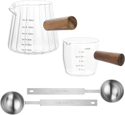 2 PCS Espresso Shot Glass with 2PCS Coffee Measuring Spoons, Single Spout Glass Measuring Cup with Wood Handle, Espresso Shot Cups with Dual Scale, Espresso Accessories for Coffee Milk (6.0oz, 2.5oz)