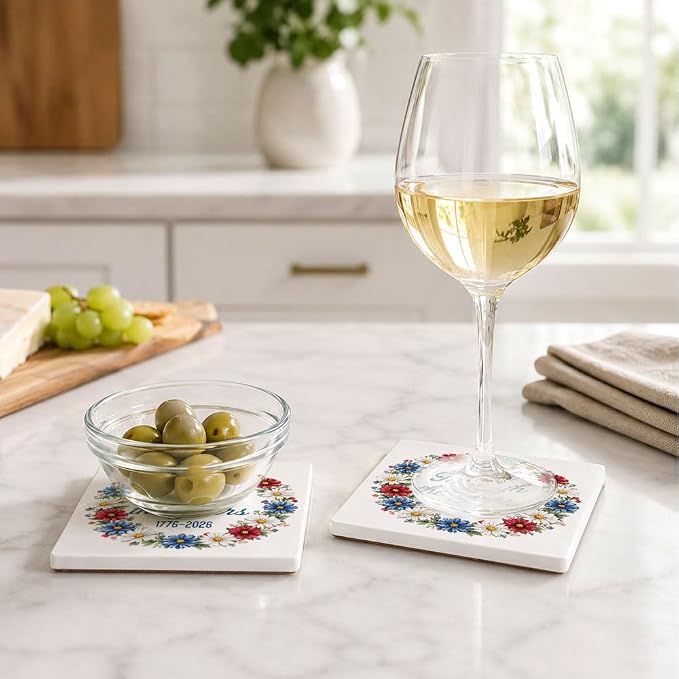 Faith Through the Years 1776-2026 Ceramic Coasters Set of 2, Patriotic Christian Gifts for Women, Absorbent Stone Coasters Drink Coaster for Home Kitchen Table Decor, 4th of July Gifts