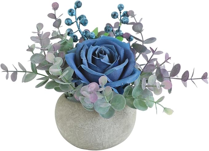 Small Artificial Blue Rose Potted Plant, 6" Fake Silk Flowers in 3.5" Round Pot, Mini Faux Floral Arrangement for Desk Shelf Bathroom Decor