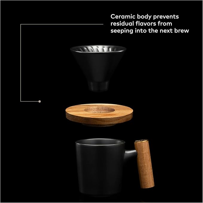 ChefWave Artisan Series Pour-Over Coffee Maker Set with Ceramic Cone, Wood Ring and Stainless Steel Stand, 1-2 Cup Personal Size - Bamboo Accents, Easy to Clean, BPA Free
