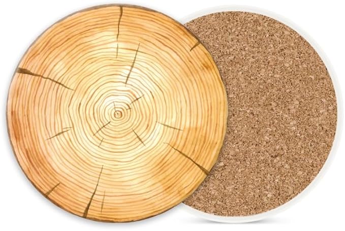 1 Pcs Coffee Cup Coasters for Drinks, Cross Section of Tree Trunk Round Absorbent Non-Slip Ceramic Stone Cork Coasters for Kitchen Living Room Office Decoration Bar (4 * 4 Inch)