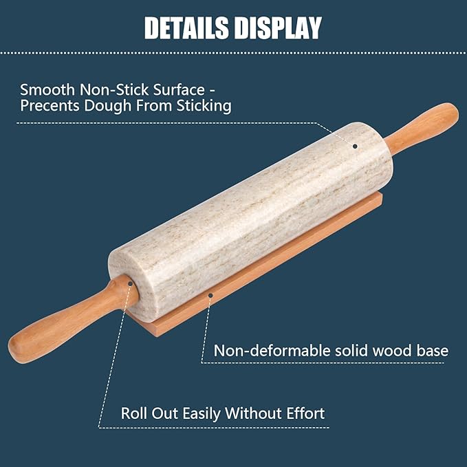 Marble Rolling Pin With Stand, 18.1-Inch Polished Non-Stick Stone Dough Roller With Wooden Handles for Baking Pasta, Pizza, Cookies, Pie Crust, Kitchen Pastry Tools (1, Viva Jade, 18.1)
