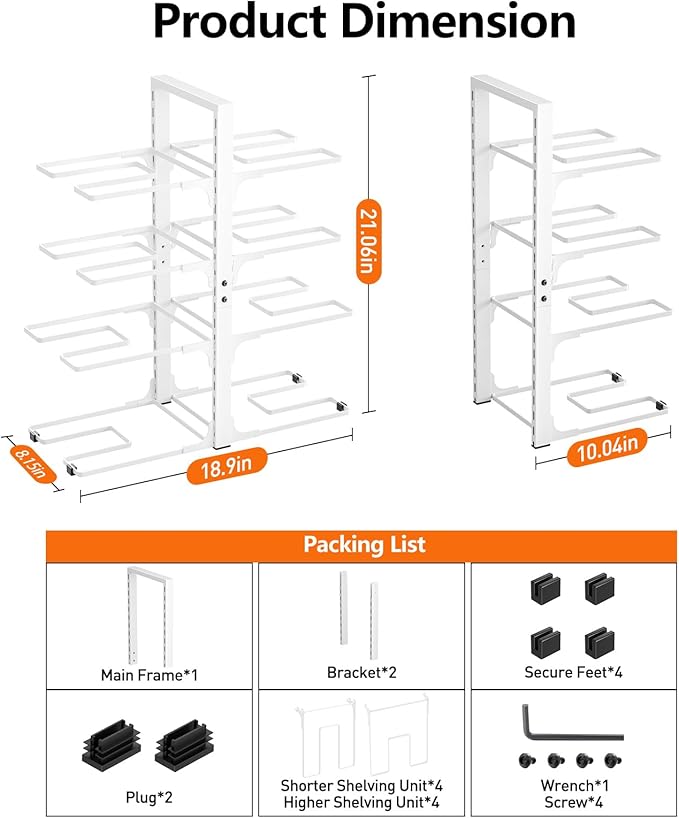 MUDEELA 8-Tier Pots and Pans Organizer under Cabinet, Heavy Duty Adjustable Pot Pan Organizers inside Cabinet, Kitchen Cabinet Organizers and Storage Pot Rack for Big Stockpots, Heavy Cookware, White