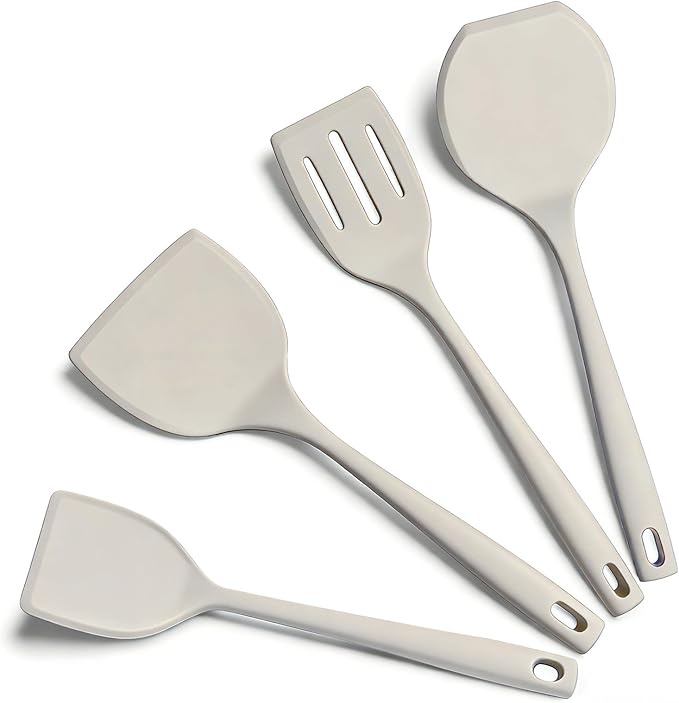 Silicone Spatula Turner Set, 600°F High Heat Resistant Spatulas for Cooking, BPA Free, Large Flexible Kitchen Utensils Flipping Eggs, Pancakes, Fish, Burgers, Dishwasher Safe (4 Pack, Khaki)