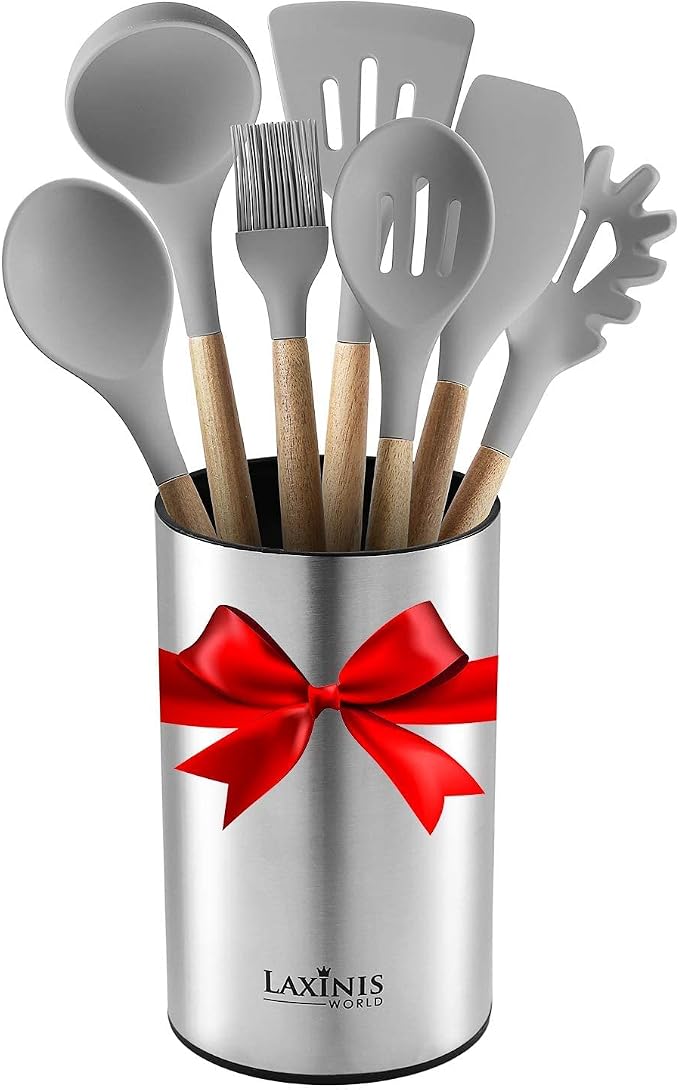 Laxinis World Stainless Steel Kitchen Utensil Holder, Kitchen Caddy, Utensil Organizer, Round Shape Utensils Crock, 7" by 4.3" (utensils not included)