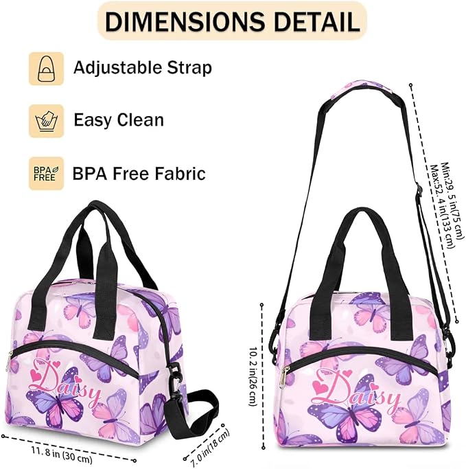 Personalized Butterfly Lunch-Bag for Women, Custom Insulated Cooler Lunch Box with Name, Leakproof-Reusable Lunch Tote Bag for Work Office Picnic - Pink Purple 2