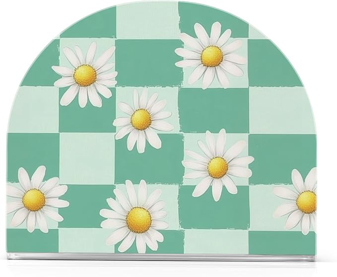 Fustylead Mint Green Checkered Daisy Flower Napkin Holder for Table Acrylic Vertical Napkin Holders for Paper Napkins Decor Napkin Dispenser for Home Party Dining Cocktail Kitchen Accessories
