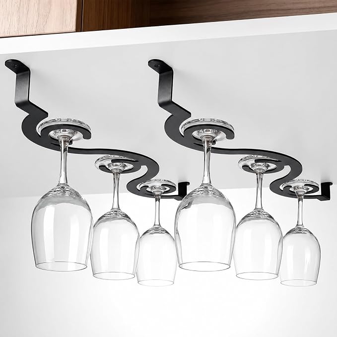 2-Pack Black Under Cabinet Wine Glass Rack – Space-Saving Stemware Holder for Kitchen & Bar, Fits Glasses with Body Diameter Under 4.1 Inches, 15.35 Inch Hanging Wine Glass Holder