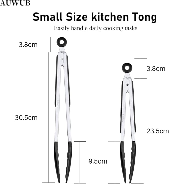 9+12 Inch Black Salad Tongs 2-Piece Set, Silicone with 304 Stainless Steel Core & Non-Slip Grip, Kitchen Utensils for Grilling Salad