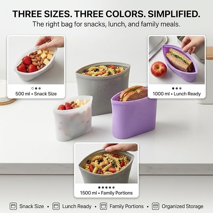 Reusable Thick Silicone Storage Bags (Set of 3) – S, M, L; 100% Food-grade Silicone; Freezer, Microwave & Dishwasher Safe; Wide Opening & Stands Upright; BPA-Free; Thick and Durable; Multiple Uses