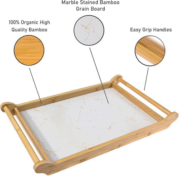 Large Serving Tray - Bamboo Wood Rectangle W/Round Handles - Great Coffee Table or Ottoman Platter Decorative Trays - Breakfast, Dinner, Eating Food in Bed, or Tea Tray W/Raised Edge 18x12 White
