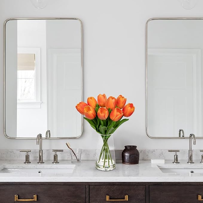 Fake Tulips Artificial Tulip Flowers in Glass Vase with Faux Water, 14.2" Real Touch Orange Tulip Flowers Décor for Table Centerpiece Home Farmhouse Resto Wedding Decoration