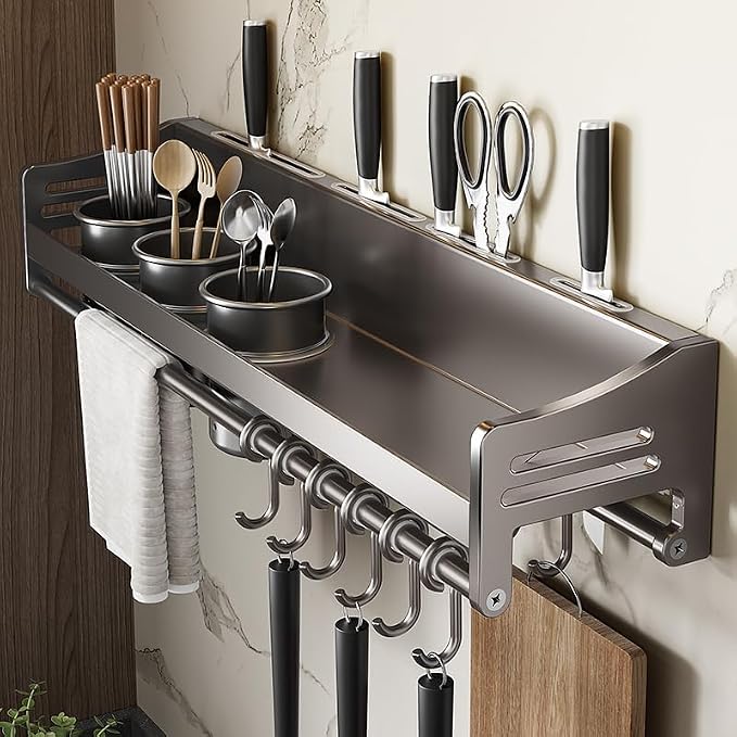 kitchen utensil hanger, wall mounted rail with hooks, waterproof hooks for utensils, easy installation without drilling (27.56 inches, Cups, 3)