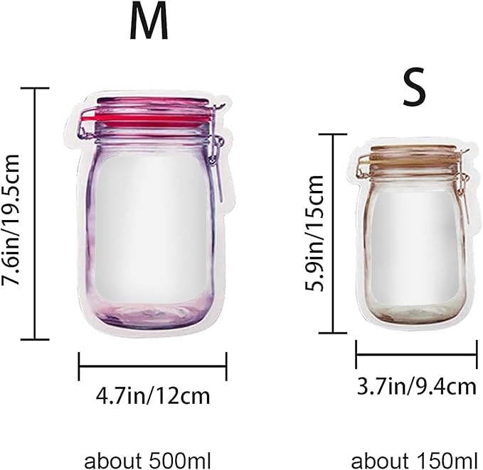 18 Pack Reusable Snack Bags, Mason Jar Zipper Food Saver Snack Sandwich Bags Leakproof Storage Bags for Travel Camping(3S 4M 8L 3T)