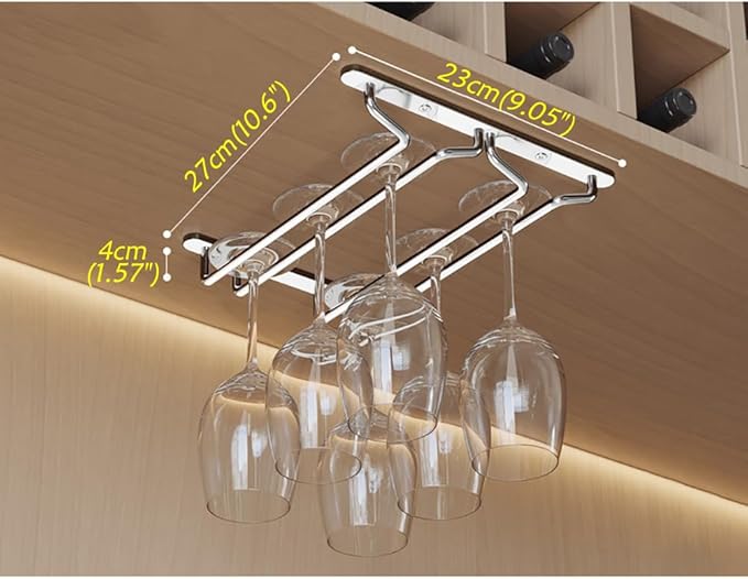 CAKERS Under Cabinet Hanging Stemware Display Rack|304 Stainless Steel Wine Glass Holder|Wine Glass Storage Organizer Hanger,2 Rows,27cm(10.6in)