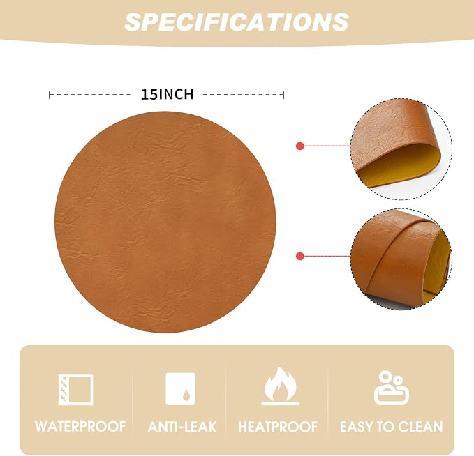 Artoid Mode Rust Faux Leather Placemats Set of 4, 15 Inch Waterproof Wipeable Heat Resistant Vinyl Place Mats, Reversible Table Mats for Fall Kitchen Dining Decor