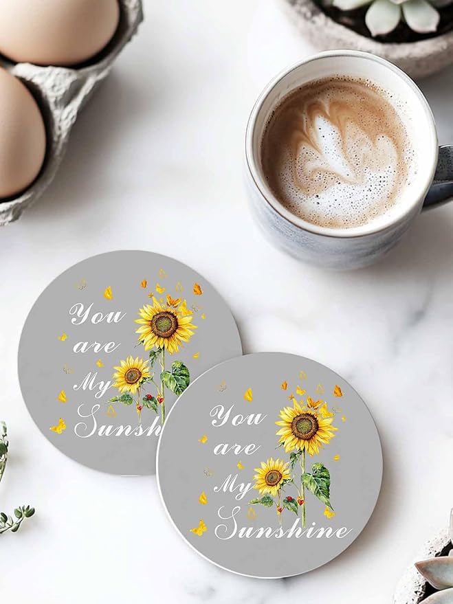 Coasters Set of 4 Sunflowers Drink Coasters with Holder Absorbent Stone Ceramic Cup Mat Grey Butterfly You are My Sunshine Coaster for Drinks Coffee Bar Office Kitchen Cafe Home Decor