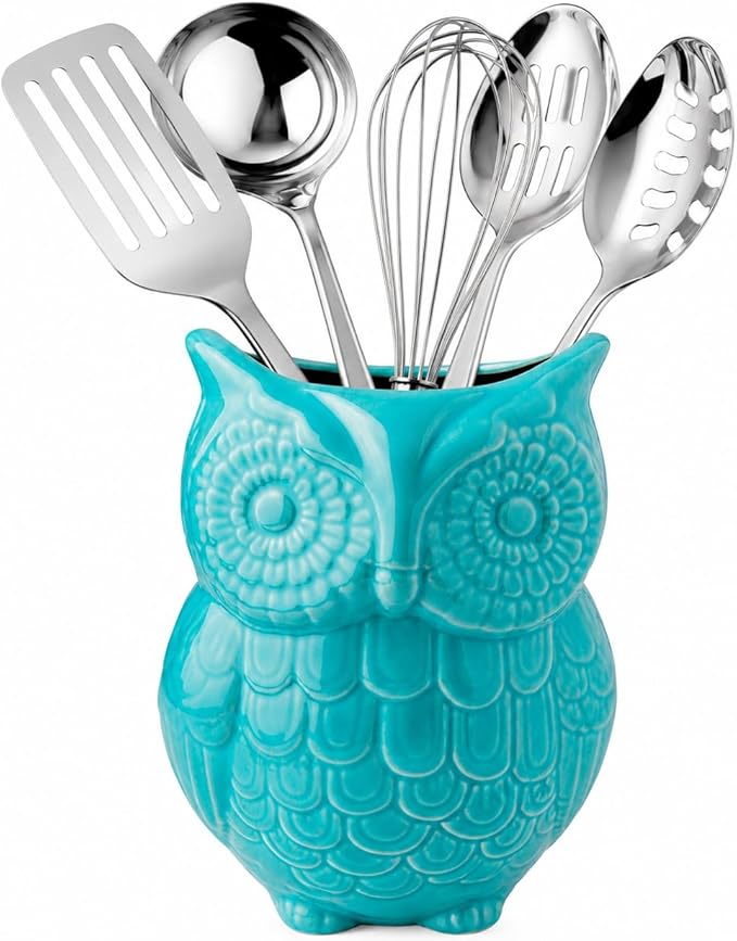 Comfify Owl Utensil Holder Decorative Ceramic Cookware Crock & Organizer, in Lovely Aqua Blue Color - Utensil Shaped Caddy and Perfect Kitchen Ceramic Decor Gift for Countertop - 5” x 7” x 4” Size