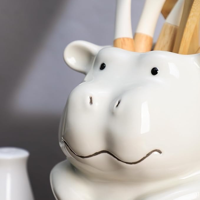 Ceramic Cartoon Animal Pattern Kitchen Utensil Holder, Large Cooking Utensil Crocks for Kitchen Countertop, Cartoon Style Utensil Organizer - Hippo