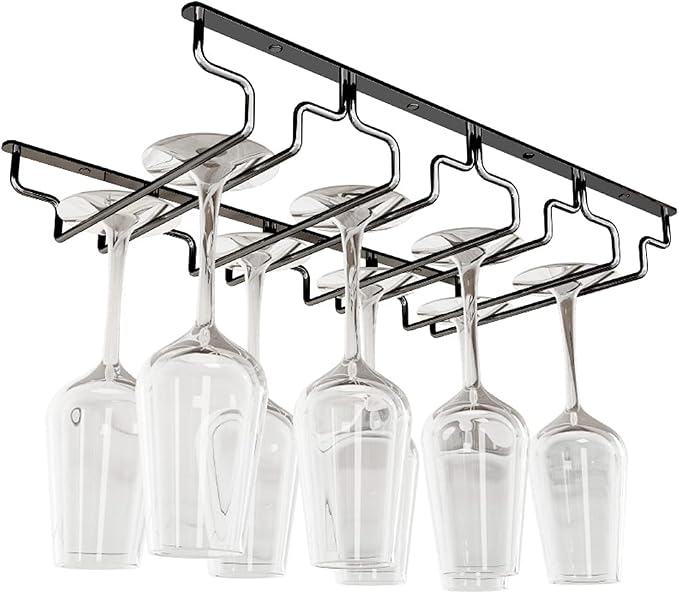 Black Wine Glass Rack - Under Cabinet Stemware Rack, Holds up to 14 Glasses, Hanging Stemware Holder, Stainless Steel Glasses Storage Hanger for Home Kitchen Bar