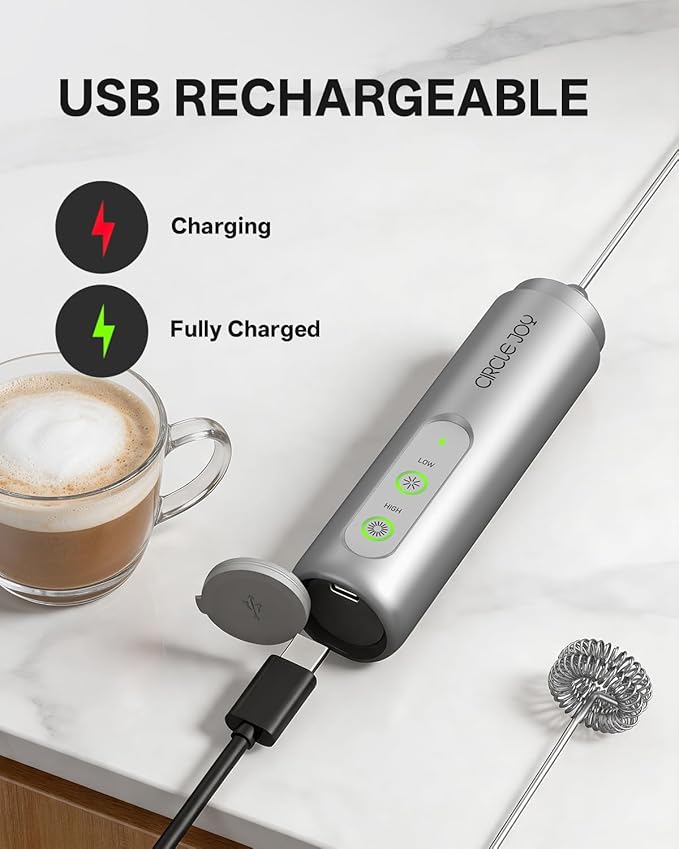 CIRCLE JOY Rechargeable 2-Speed Handheld Milk Frother with Stand, Dual Spring Whisk Electric Foamer, Portable & Detachable Coffee Frother Wand, Drink Mixer for Lattes, Macchiato, Hot Chocolate, Silver