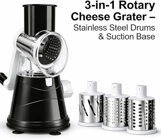 3-in-1 Rotary Cheese Grater, Hand Crank Shredder with 3 Interchangeable Blades for Cheese, Veggies, Nuts, Black