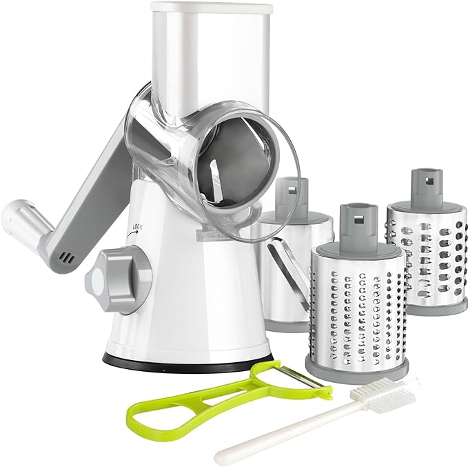 Ourokhome Rotary Cheese Grater Hand Crank, Kitchen Shredder Speed Mandolin Slicer Nuts Grinder with Handle and Drum Blades for Cheese, Vegetable, Walnuts, Chocolate, Potato, Carrot, 3 Blades, White