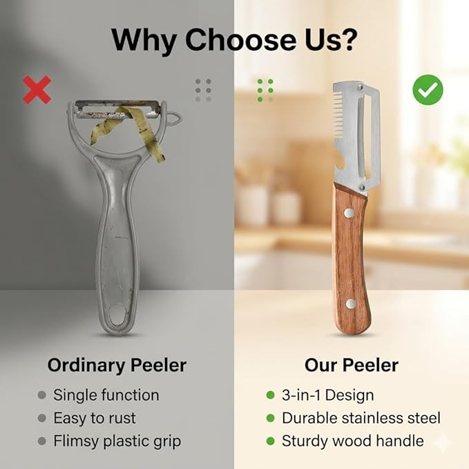 New Multifunctional Vegetable Peeler with Wooden Handle, 3-in-1 Stainless Steel Vegetable Peeler with Built-in Bottle Opener for Kitchen, Hand Held Peeler Slicer Kitchen Tool for Fruit and Vegetable