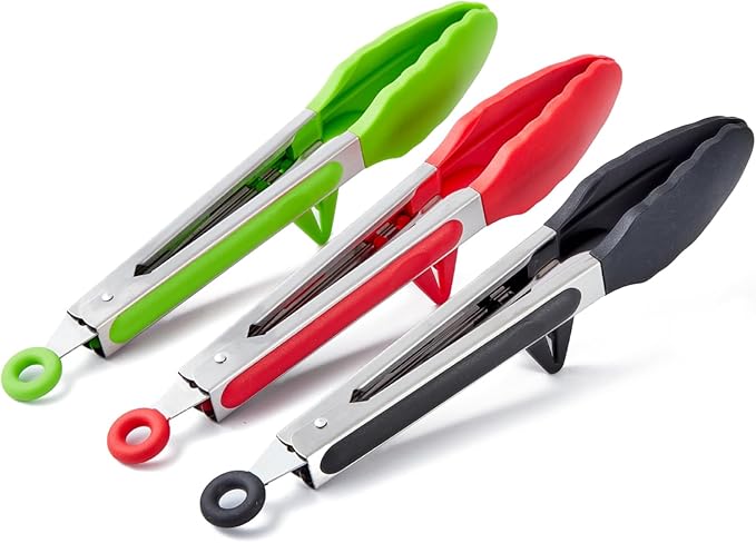 9" Kitchen Tongs, 3Pcs Tongs for Cooking with Silicone Tips, Food Grade Small Silicone Tong, Mini Serving Tong for BBQ Salad(Black,Red,Green)